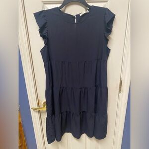 Kirundo Blue Mini Dress Relaxed Tiered Skirt Ruffle Shoulder Medium